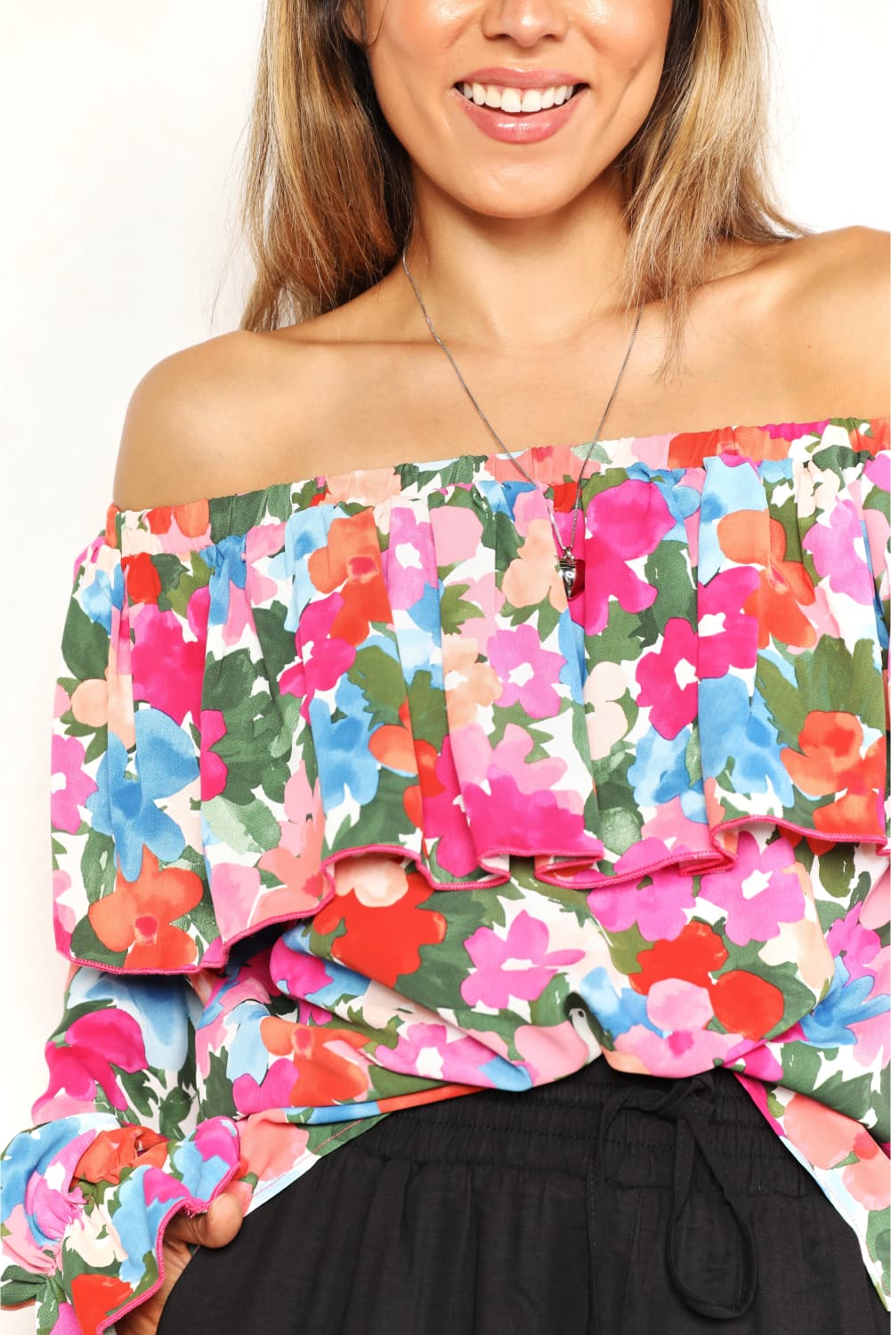 Double Take Floral Off-Shoulder Flounce Sleeve Layered Blouse