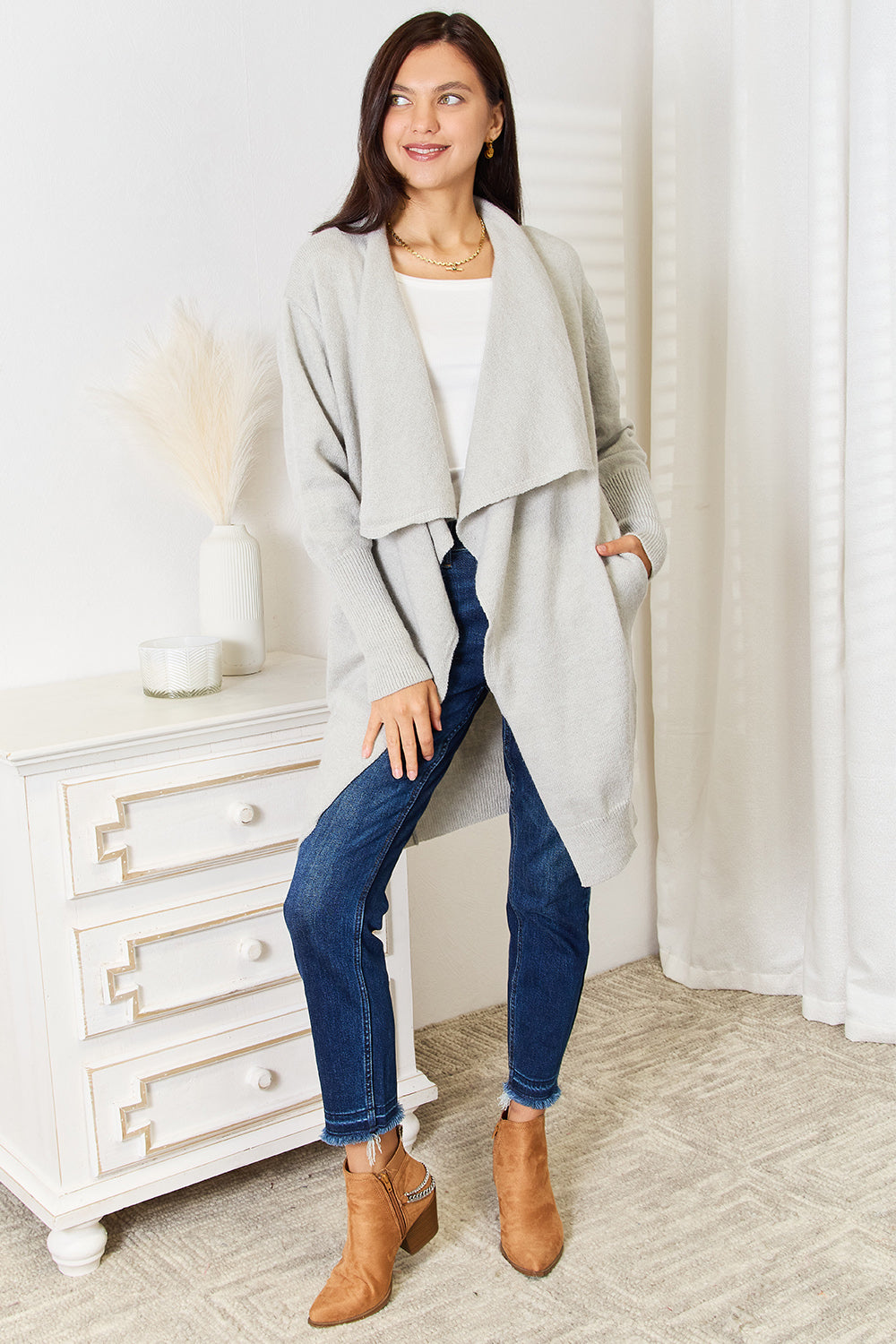 Double Take Open Front Duster Cardigan with Pockets